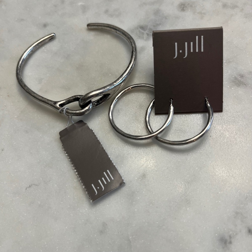 J.Jill Earrings Bracelet Set Silver Tone Knot Cuff Hoop Minimalist New Jewelry